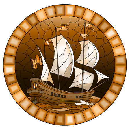Illustration in stained glass style with an old ship sailing sails against the sea and sky, oval image in a oval frame, monochrome, tone brownのイラスト素材