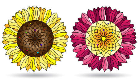 Set of illustrations in a stained glass style with bright flowers, flowers isolated on a white backgroundのイラスト素材