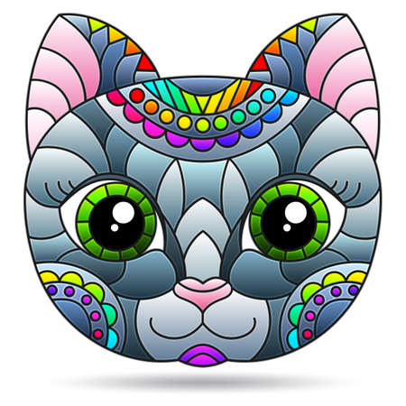Illustration in the stained glass style with a portrait of a gray cat, the animal is isolated on a white backgroundのイラスト素材