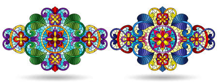 A set of illustrations in a stained glass style with abstract botanical elements, isolated on a white backgroundのイラスト素材