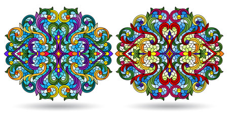 A set of illustrations in a stained glass style with abstract botanical elements, isolated on a white backgroundのイラスト素材