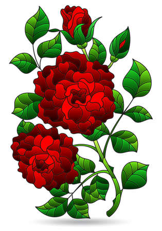 Illustration in stained glass style with a branch of a red rose, flower isolated on a white backgroundのイラスト素材