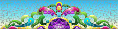 Illustration in stained glass style with abstract flowers, leaves and curls on a blue background, rectangular horizontal imageのイラスト素材