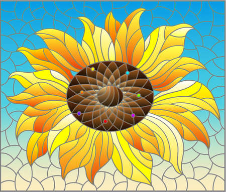 Illustration in stained glass style with sunflower flower on a blue sky background, rectangular imageのイラスト素材