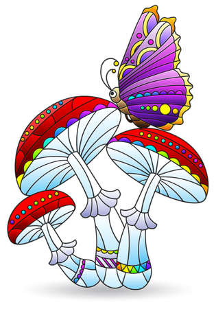 Illustration in the style of a stained glass window with a composition of mushrooms and a butterfly, plants isolated on a white backgroundのイラスト素材