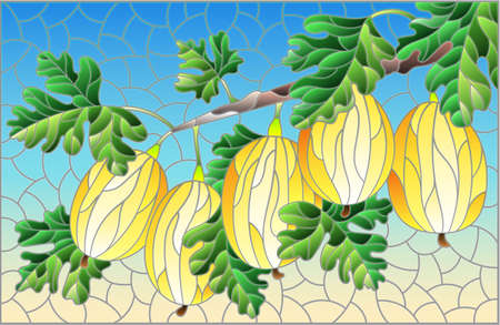 Illustration in the style of a stained glass window with a branch of ripe yellow gooseberries, berries and leaves on a blue backgroundのイラスト素材