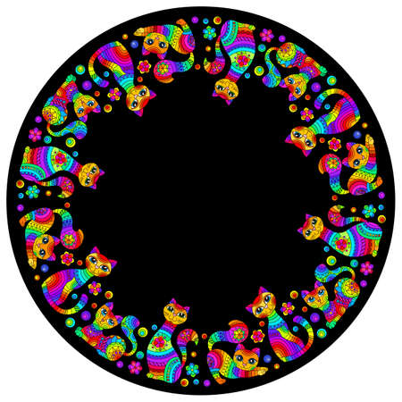 Design ornament for round product, cute cartoon cats in the style of stained glass on a dark backgroundのイラスト素材