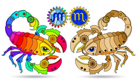 Illustration in the style of a stained glass window with a set of zodiac signs scorpio, figures isolated on a white backgroundのイラスト素材