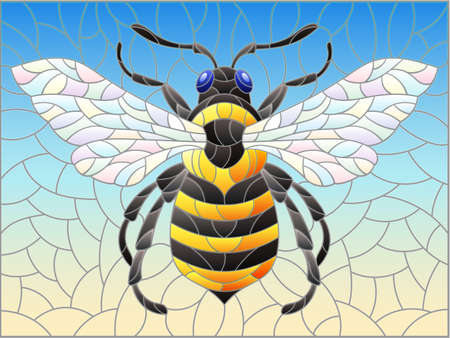 Illustration in the style of a stained glass window with an abstract bee, an animal on a blue background, rectangular imageのイラスト素材