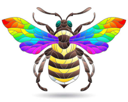 A stained glass-style illustration with an abstract rainbow bee, an animal isolated on a white backgroundのイラスト素材