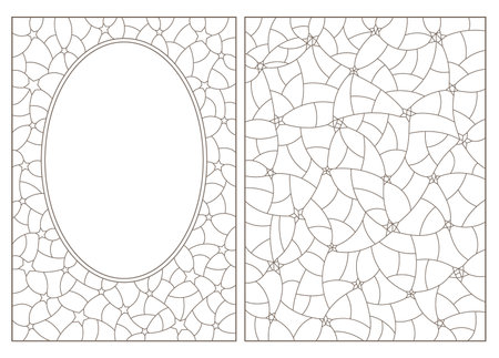 Set of contour illustrations of stained glass with abstract background images, dark contours on white backgroundのイラスト素材