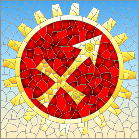 Illustration in the style of a stained glass window with an illustration of the steam punk sign of the horoscope Sagittariusのイラスト素材
