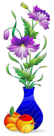 Illustration in the style of a stained glass window with a floral still life, a vase of flowers isolated on a white backgroundのイラスト素材