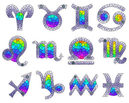 A set of illustrations in the style of stained glass with zodiac signs, icons isolated on a white backgroundのイラスト素材