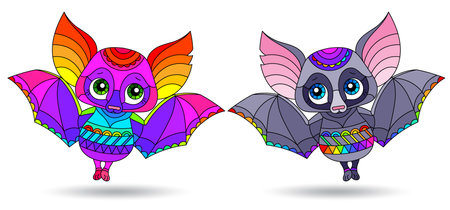 A set of illustrations in the style of stained glass with cartoon bats, animals isolated on a white backgroundのイラスト素材