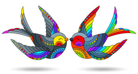 A set of illustrations in the style of a stained glass window with swallows, bright animals isolated on a white backgroundのイラスト素材