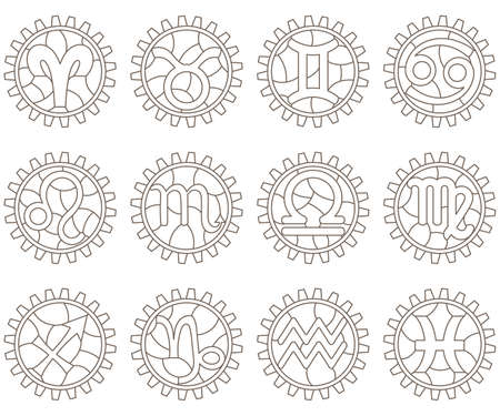 A set of contour illustrations in the style of stained glass with zodiac signs in gears, outline icons isolated on a white backgroundのイラスト素材