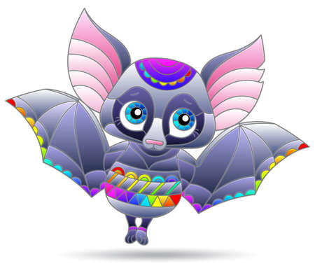 An illustration in the style of a stained glass window with a bright cartoon bat, the animal is isolated on a white backgroundのイラスト素材