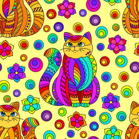 Seamless pattern with bright cats and flowers in stained glass style on a yellow backgroundのイラスト素材
