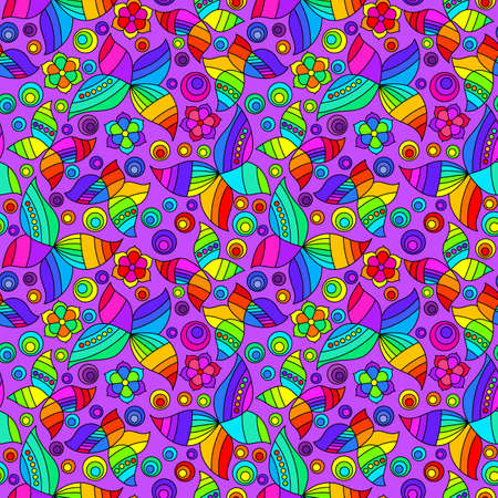 Seamless pattern with bright stained glass butterflies and flowers, moths on a purple backgroundのイラスト素材