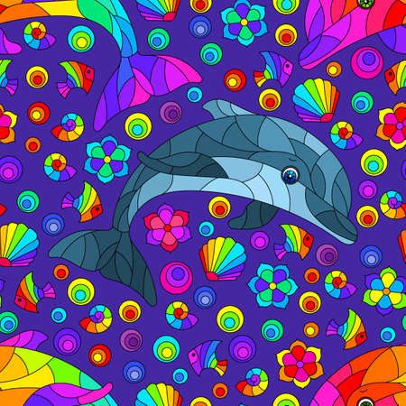 Seamless pattern with bright cartoon dolphins and shells, animals on a blue backgroundのイラスト素材