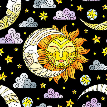 Seamless pattern with sun and moon on a dark dark sky background with stars and cloudsのイラスト素材