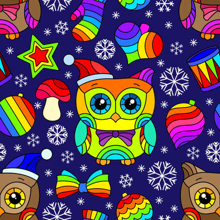 Seamless pattern on the theme of New year and Christmas, bright Christmas tree toys, owls and snowflakes on a blue backgroundのイラスト素材