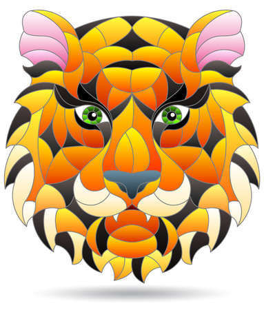 An illustration in the style of a stained glass window with a tiger's head, a portrait of an animal isolated on a white backgroundのイラスト素材