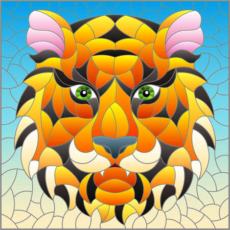 The illustration in stained glass style painting with a tiger's head on a blue background, rectangular imageのイラスト素材