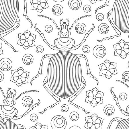 Seamless pattern with contour beetles, deer and flowers, dark contour insects on a white backgroundのイラスト素材