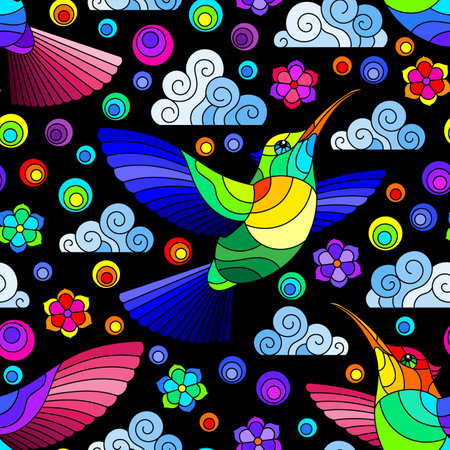 Seamless pattern with bright Hummingbird birds, clouds and flowers, bright birds on a black backgroundのイラスト素材