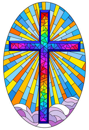 The illustration in stained glass style painting on religious themes, stained glass window in the shape of a rainbow Christian cross, on a blue background, oval imageのイラスト素材