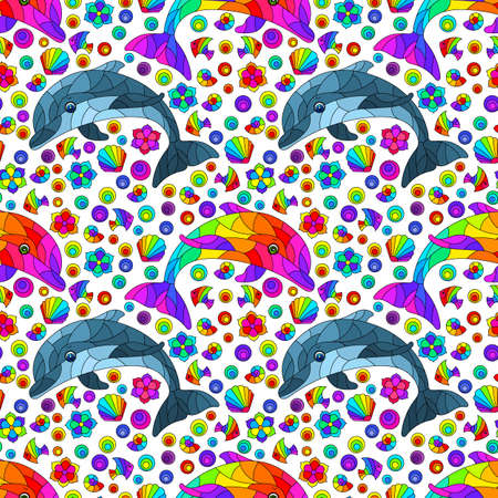 Seamless pattern with bright cartoon dolphins and shells, animals on a white backgroundのイラスト素材