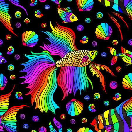 Seamless pattern on a marine theme with bright rainbow fish and shells, bright fish on a black backgroundのイラスト素材