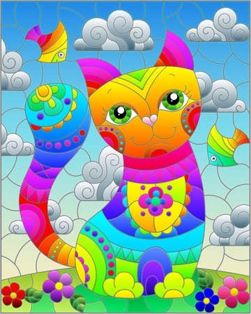 Stained glass illustration with a rainbow cartoon cat against a blue sky with clouds, rectangular imageのイラスト素材