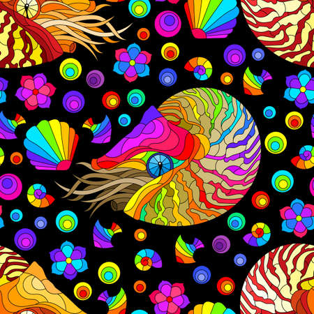 Seamless pattern with bright nautilus, shells and fish, animals on a black backgroundのイラスト素材