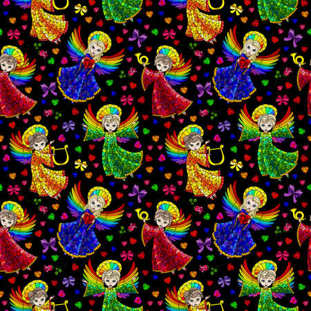 Seamless pattern on the theme of Valentine's day, cute angels and hearts on a black backgroundのイラスト素材