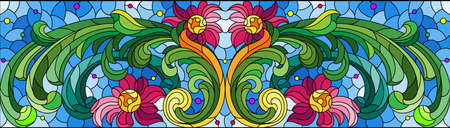 Illustration in stained glass style with abstract flowers, leaves and curls on a blue background, rectangular horizontal imageのイラスト素材