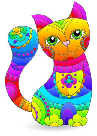 An illustration in the style of a stained glass window with a bright cartoon kitten, the animal is isolated on a white backgroundのイラスト素材