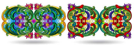 A set of illustrations in a stained glass style with abstract botanical elements, isolated on a white backgroundのイラスト素材