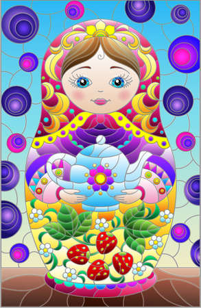 A stained-glass illustration with a bright Russian doll on a blue backgroundのイラスト素材
