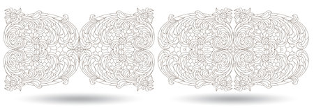 A set of contour illustrations in a stained glass style with abstract botanical elements, dark outlines isolated on a white backgroundのイラスト素材