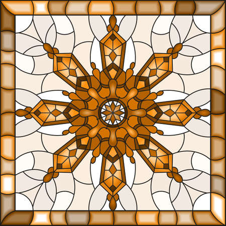 Illustration in stained glass style with snowflake in blue colors in a frame, monochrome, tone brownのイラスト素材