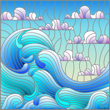 Illustration in the style of a stained glass window with a seascape, waves, and a cloudy sky, square imageのイラスト素材