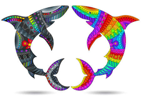 A set of stained glass illustrations with abstract sharks, animals isolated on a white backgroundのイラスト素材