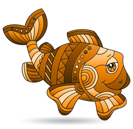 Illustration with a stained glass element, a brown cartoon fish isolated on a white backgroundのイラスト素材