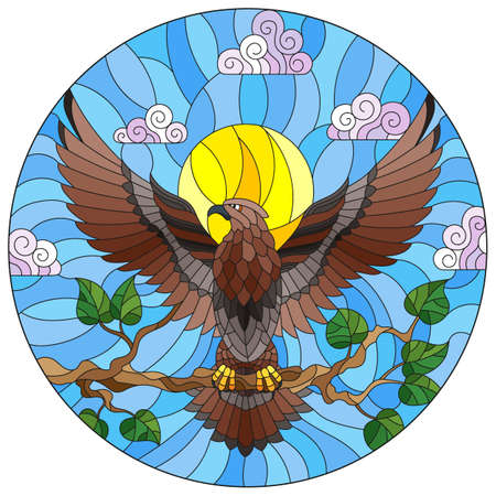 Illustration in the style of stained glass with an abstract eagle on a tree branch against the background of the sun, clouds and blue sky, round imageのイラスト素材