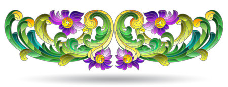 Illustration in the style of a stained glass window with an abstract floral element, the composition is isolated on a white backgroundのイラスト素材
