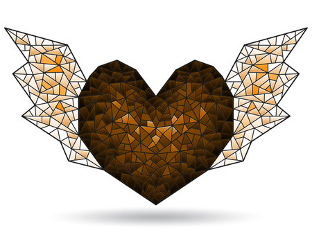 Illustration in stained glass style with abstract winged heart, figure isolated on white background, tone brownのイラスト素材