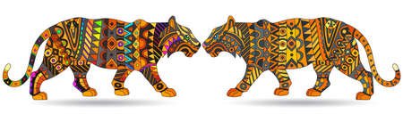 A set of illustrations in the style of stained glass with abstract tigers, animals isolated on a white backgroundのイラスト素材